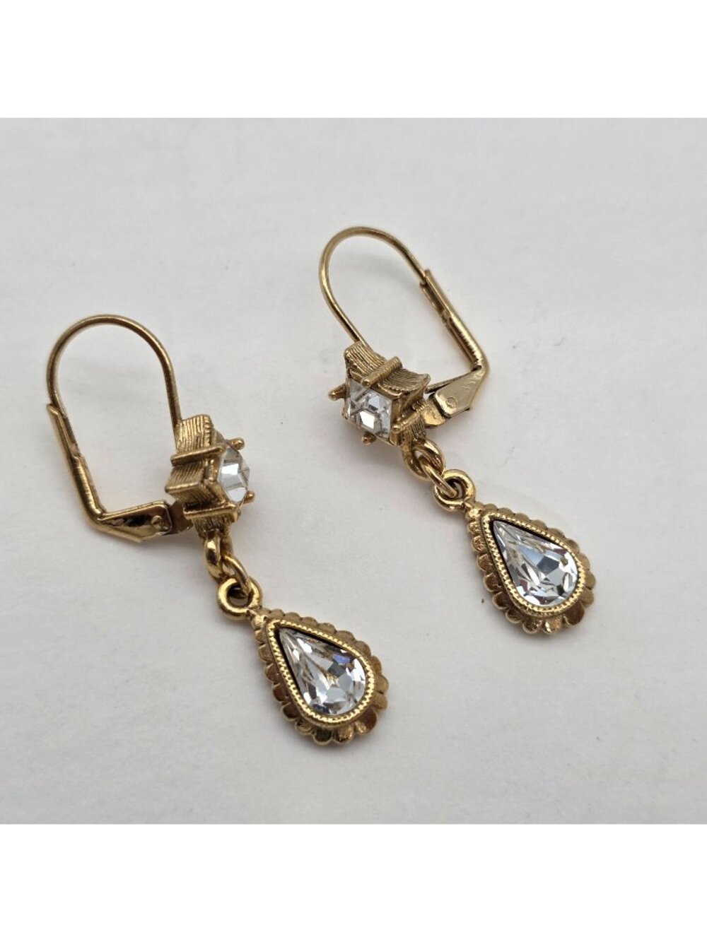 Vintage Gold-Tone Drop Earrings With Clear Crystals & Intricate Detailing 1.5" D